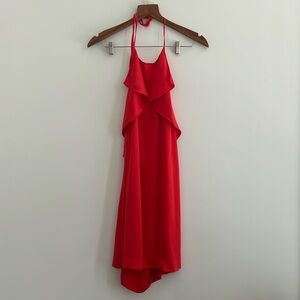 Theory Red Malvies Silk Halter Dress With Ruffle Front Accent